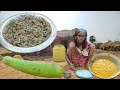 90 year old widow grandma cooking gourd with shrimp fish curry  eating  grandma village kitchen