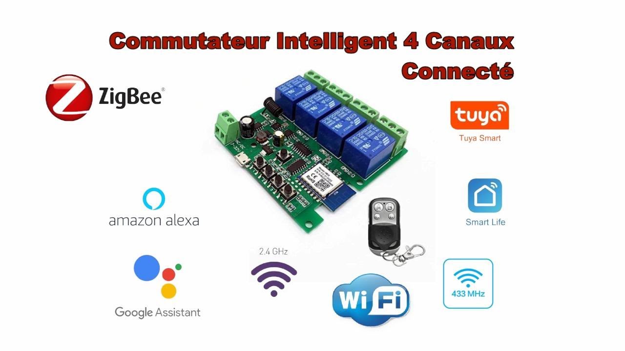 Interrupteur Wifi Rele Wifi MHCOZY 4 Canaux 85-220V Contact Sec ZigBee Module De Commutation De Relais, Tuya Smart Life App Télécommande, Fonctionne Avec Alexa Google Home Zigbee Hub Télécommande Canal Plus