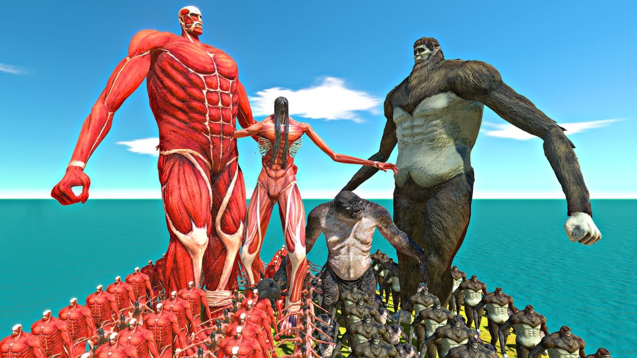 Colossal Titan + Eren Titan vs Troll + Beast Titan - Animal Revolt Battle Simulator