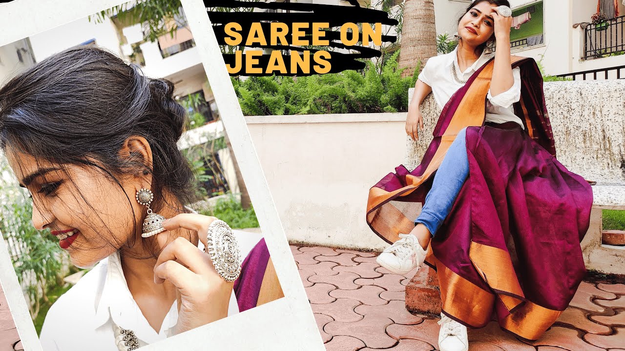 Saree and denim shirt | Denim shirt style, Simple casual outfits, Saree  wearing styles