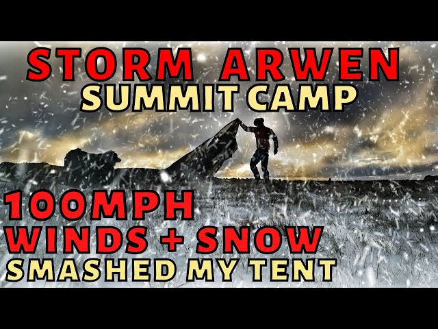 STORM ARWEN SUMMIT CAMP 100mph+ Strong Winds and Snow at 910m in a Broken Tent WILD CAMPING SOLO UK class=