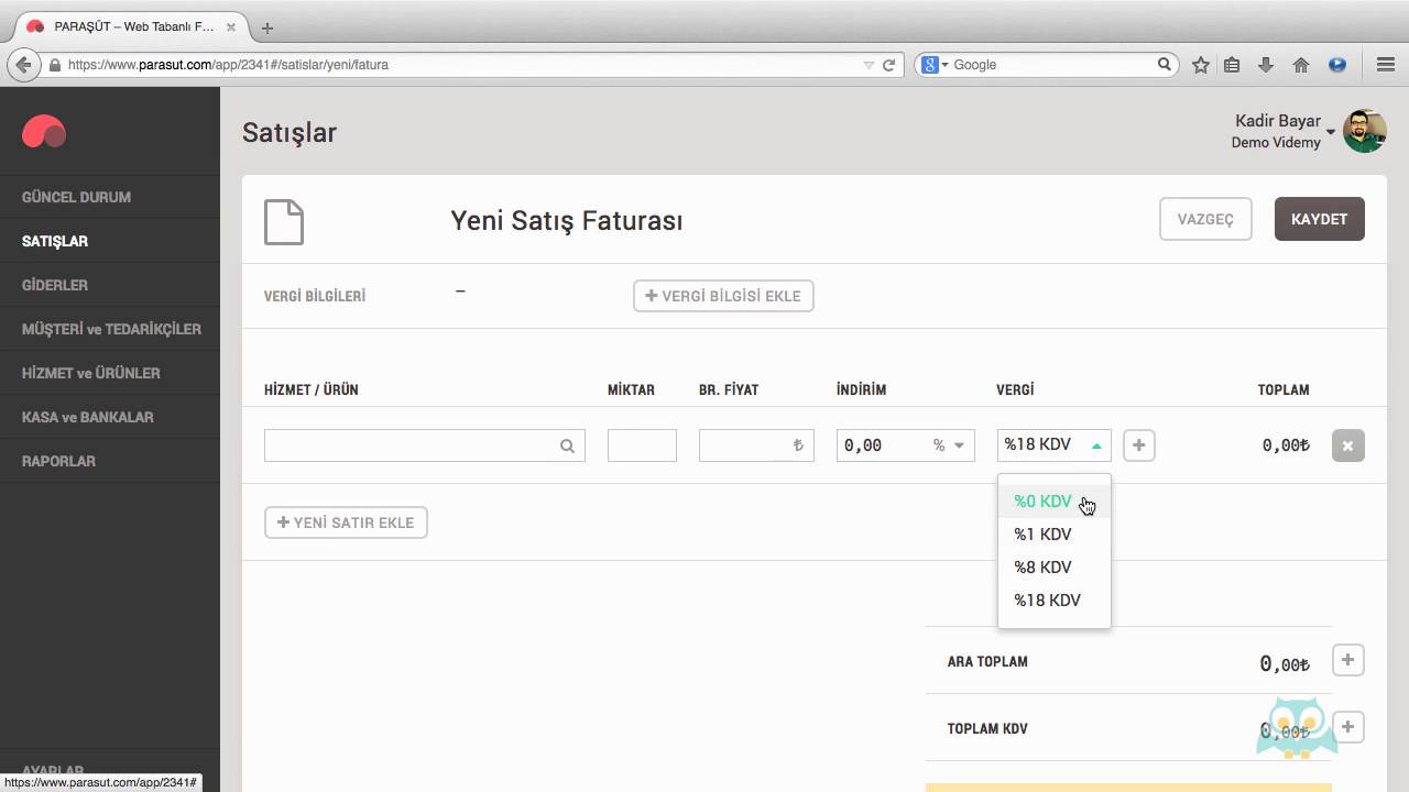 Paraşüt Ön Muhasebe Faturada KDV, Stopaj Tevkifat Oranları Ekleme