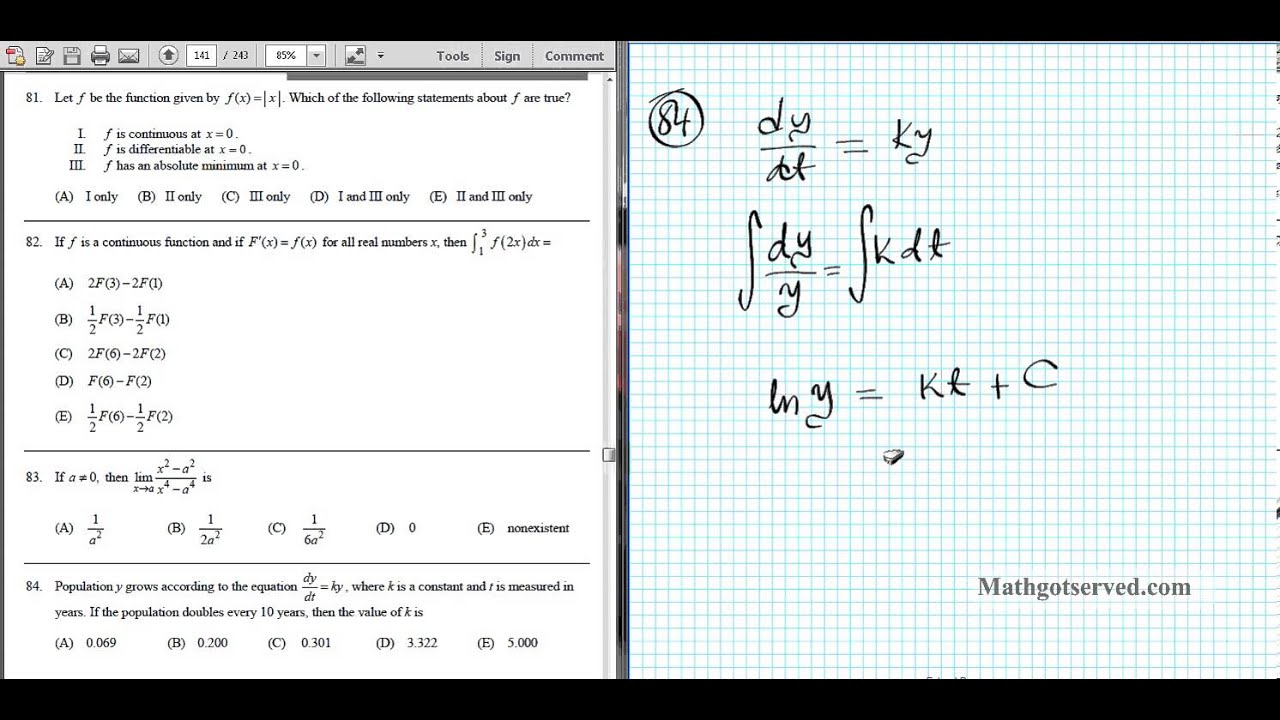 Ap Calculus Ab Multiple Choice 1998 Exam Part B Videos Questions Solutions