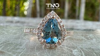 Pear Shape Santa Maria Vivid Aquamarine Ring with halo &amp; side diamonds in 18K Rose Gold