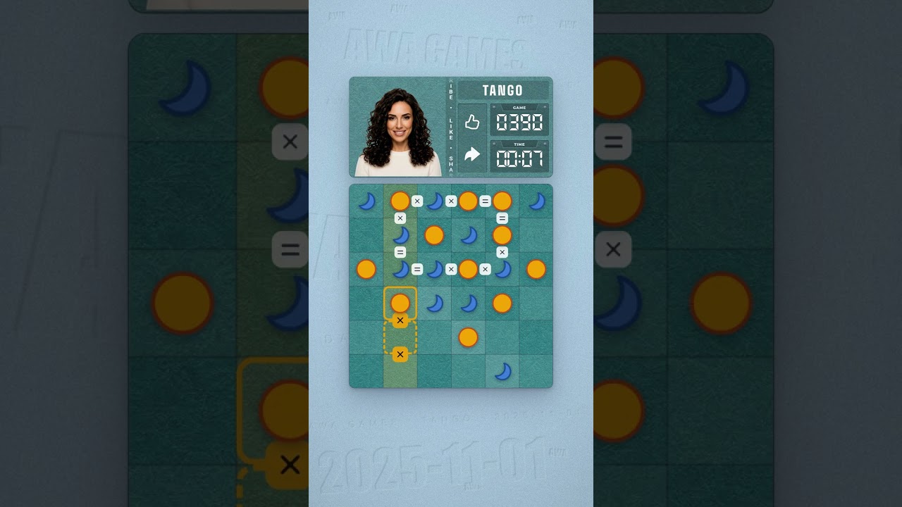 LinkedIn Tango #390 solved board for November 1, 2025, 6x6 grid