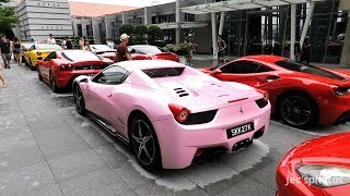 I film a selection of loud ferraris from the ferrari owners' club
singapore accelerating out fullerton bay hotel after visiting 2018
con...