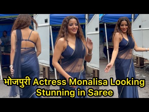 भोजपुरी Film Actress Monalisa Looking Absolutely Stunning in Blue Saree gets spotted At Filmcity