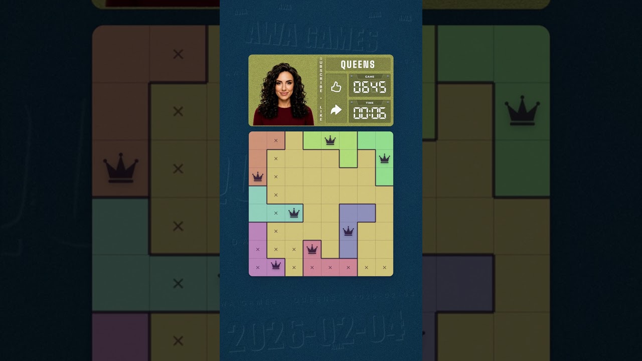 LinkedIn Queens #645 solved board for February 4, 2026, 8x8 grid