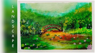 Acrylic Landscape Painting |Wooden Bridge| Forest|River| Time Lapse