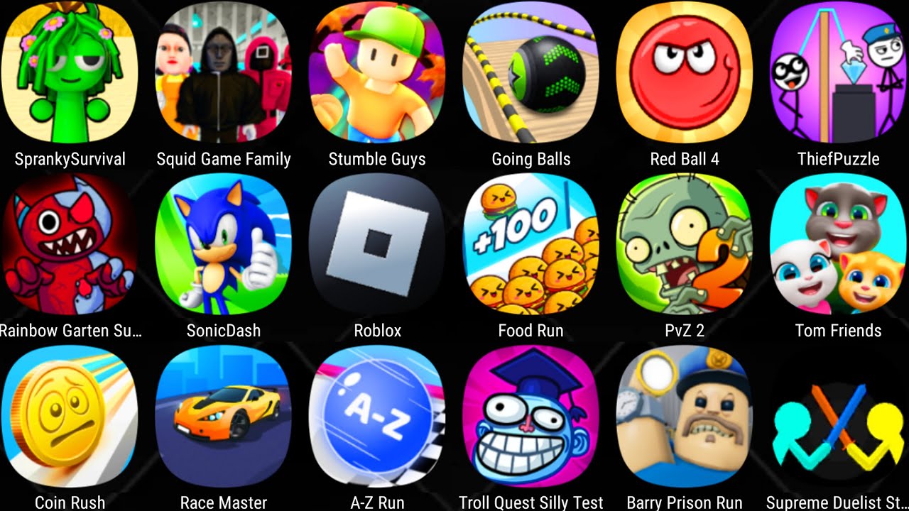 Roblox,Squid Game Family,Food Run,Sonic Dash,Troll Toilet Quest 2,Spranky Survival,Stumble Guys,PvZ2