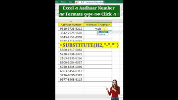 Excel এ Aadhaar Number এর Formate তুলুন এক Click এ । #substitute #Aadhaar #Aadhaarnumber #formate