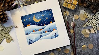 Painting a snowy winter landscape in watercolors / Watercolor tutorial