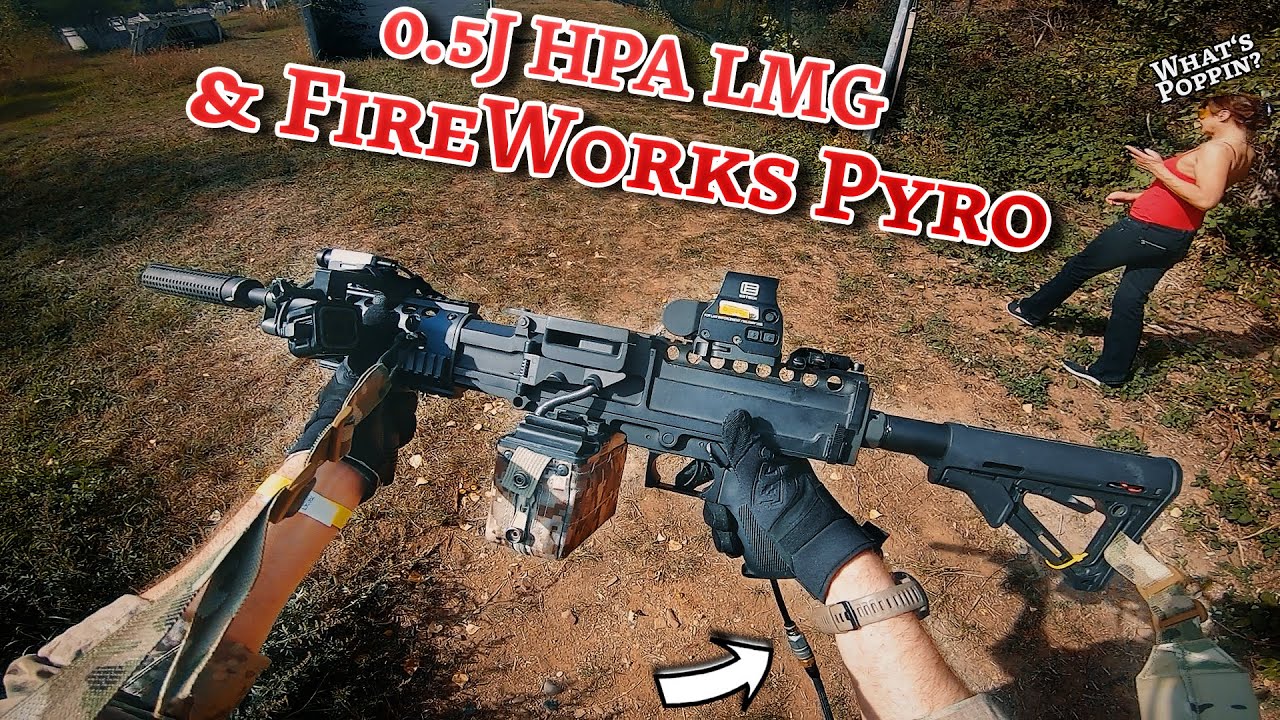 Using REAL Fireworks in Airsoft Game!!! 0.5J Stoner HPA LMG Gameplay