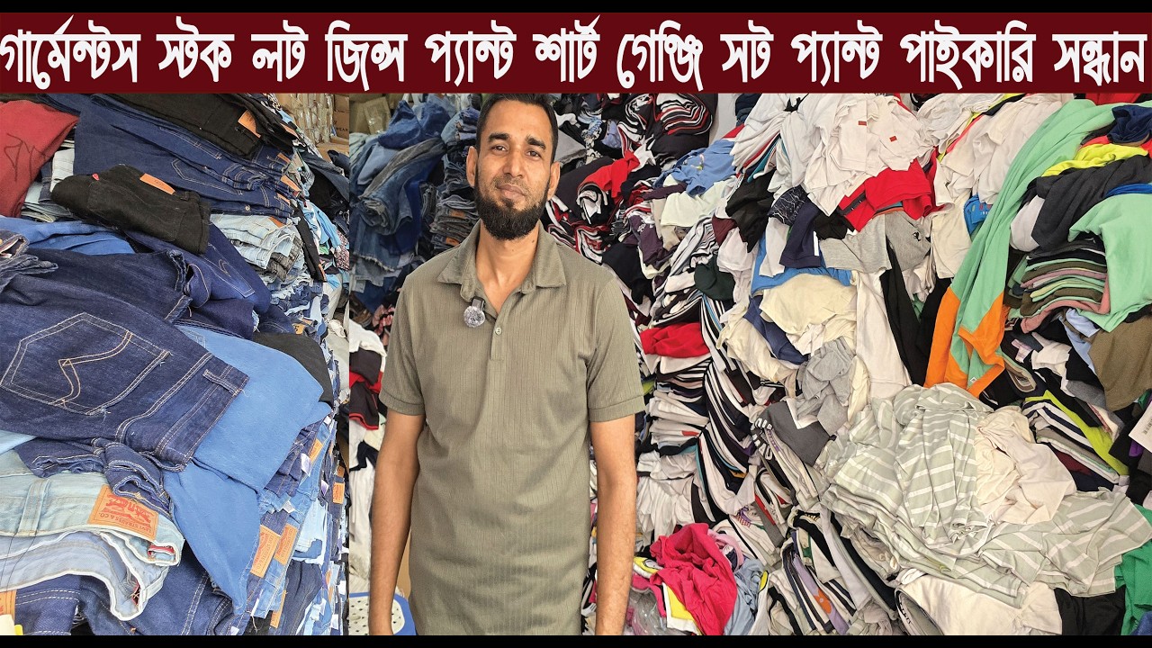 গার্মেন্টস স্টক লট জিন্স প্যান্ট শার্ট গেঞ্জি সট প্যান্ট লেডিস টি শার্ট পাইকারি বাজার/@NurulTv
