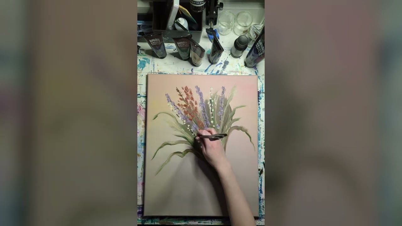Floral Bouquet | Acrylic Painting Demo | Pastel Background with Purple & Rust Red Flowers