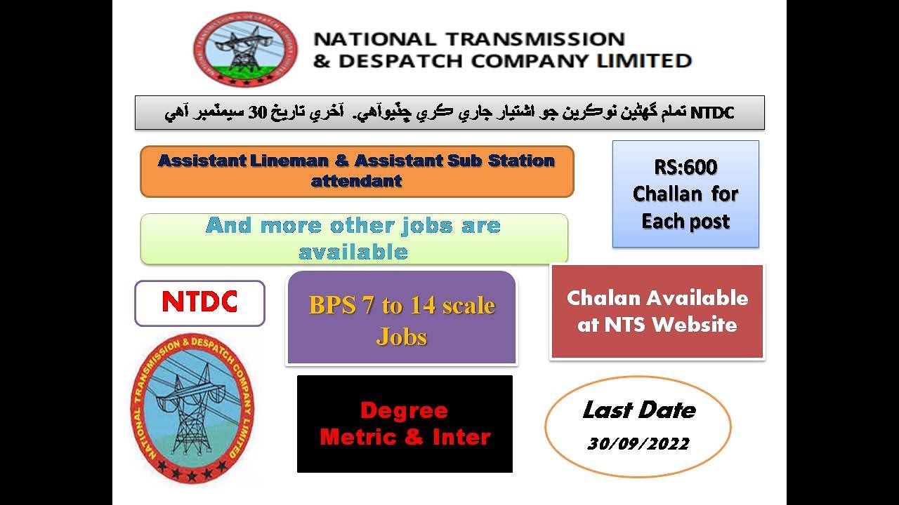 NTDC National Transmission Dispatch Company Wapda Jobs advertisement 2022 BPS 7 to 14 Through NTS
