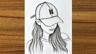 How to draw a girl with BTS cap || Easy drawing ideas for girls || Pencil drawing step by step