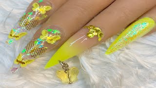 ☀️Neon Yellow Glitter Glass Butterfly Ombré Acrylic Nails W/ Piercing Charm☀️