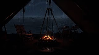 Rain on Tent and Campfire Crackling Near the Beach - 10 Hrs 30 Video w/ Sounds of Thunder & Campfire