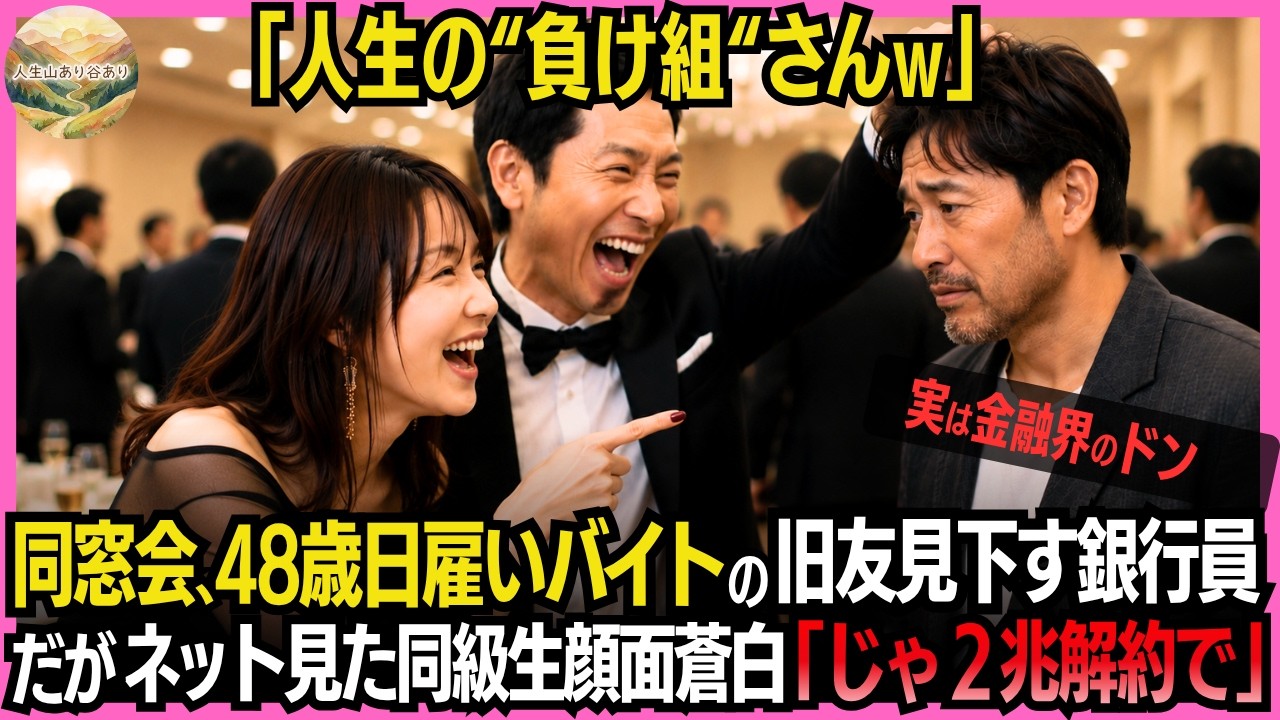 同窓会で、高卒の日雇い労働者だと思っていた男を、東大卒の銀行員の夫と私は皆の前で笑いものにした。「人生の負け組の見本だな」と。彼は何も言い返さず、ただ静かに微笑んでいた。その翌日、夫のスマホが鳴り止まない。まさか、あの男が日本最大級の投資ファンドを率いる伝説の投資家で、運用資産2兆円だなんて。しかも、それは夫の勤める銀行の最重要顧客で、私たちは全財産を失うかもしれない。私はSNSであの男を侮...