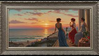 Frame TV Art - Framed Art Background: Evening Gathering on a Coastal Balcony at Sunset screenshot 1