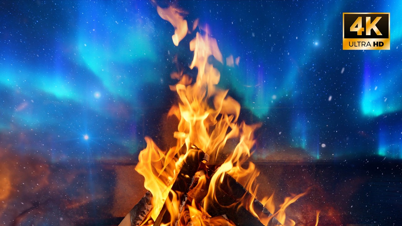 Aurora Campfire 🔥 Winter Outdoor Fireplace Ambiance & Crackling Burning Sounds (4K 8 Hours)