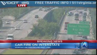 Car fire on I-64 westbound in Norfolk causing delays