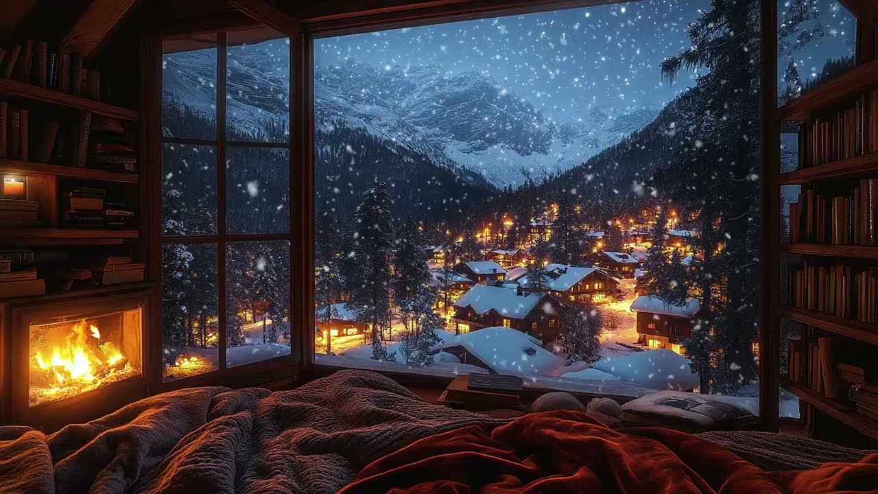 Snow Falling on a Quiet Winter Night ❄️ Soft Fireplace Glow for Stress Relief and Emotional Calm
