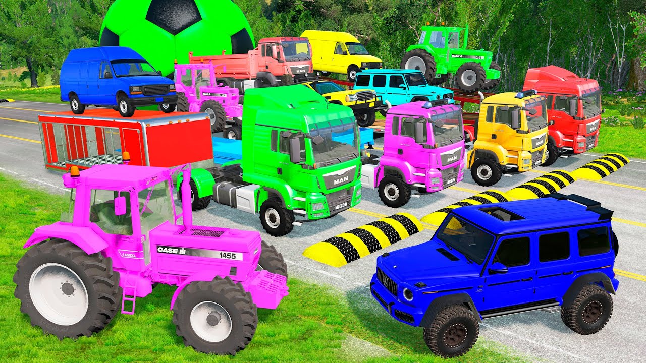 Quadruple Trucks Transporting cars with Flatbed Trailers | Cars vs Speedbump vs Train vs Pothole #54