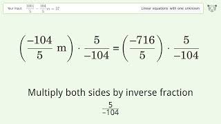Linear equation with one unknown: Solve 1001/5-104/5m=57 step-by-step solution