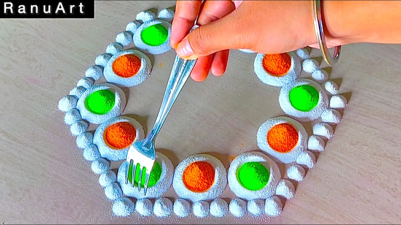 simple Rangoli using Fork | Simple rangoli design with colours | Simple ...