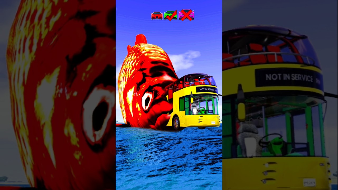 Massive Truck & Jcb, With Yellow Bus vs Big Red Fish in River - Beamng Drive 