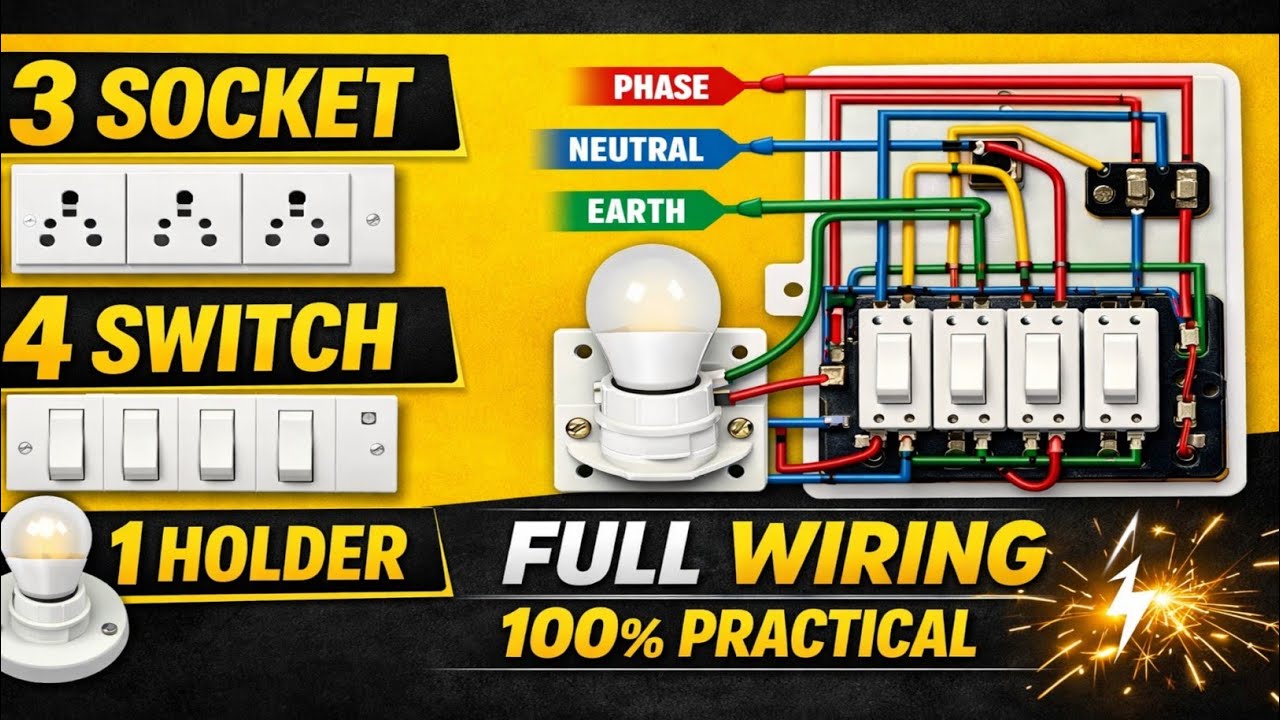 How to connect three sockets, four switches and one holder board Full connection
