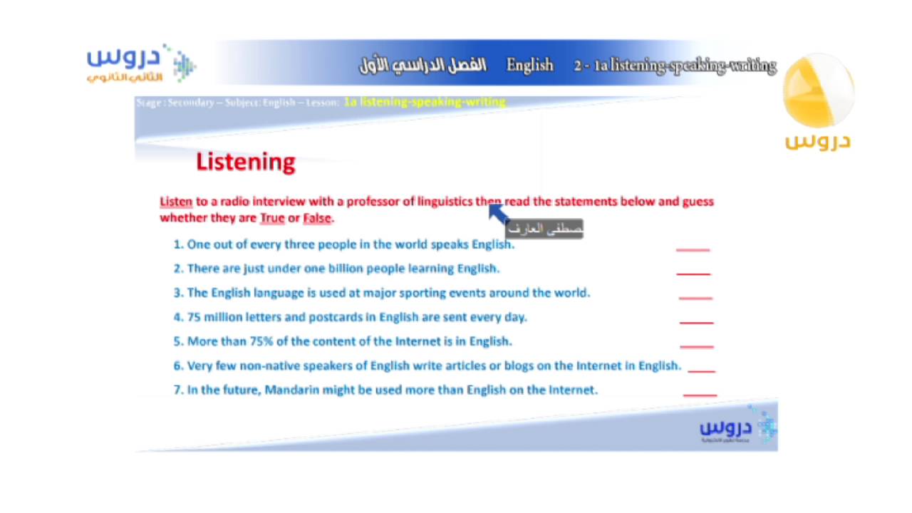 الثاني الثانوي الفصل الدراسي الأول انجليزي 1a Listening