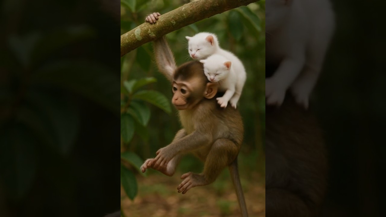 Baby Monkey Adopts Kittens – A Wild Bond of Love