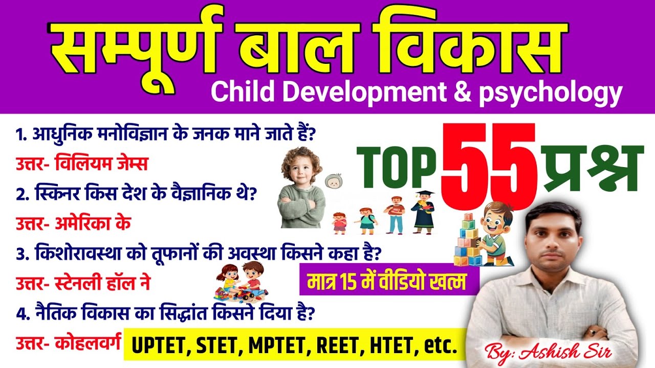 सम्पूर्ण बाल विकास l Child Development & psychology के महत्वपूर्ण प्रश्न l टॉप 55 प्रश्न 