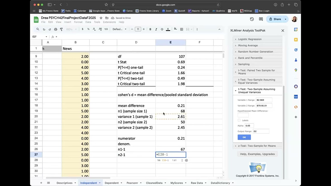 Коэффициент Коэна d для независимых выборок в таблицах