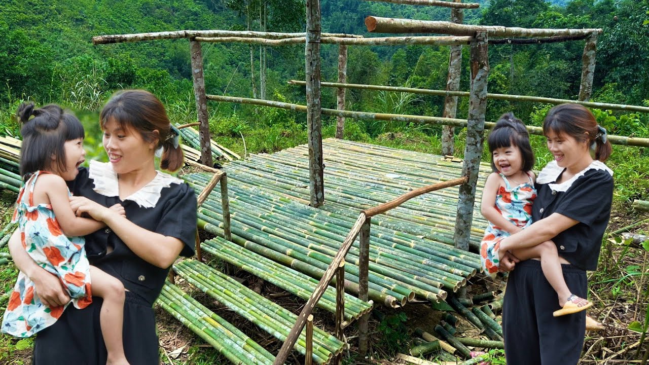 Single Mom - How to Build a Farm in the Forest - Build a Bamboo House with 2 roofs / Off Grid