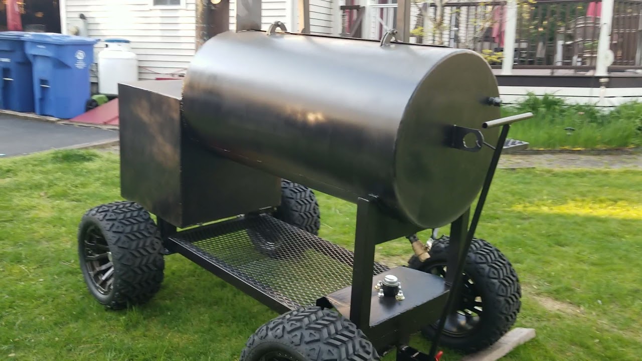 Reverse flow offset smoker with golf cart wheels YouTube