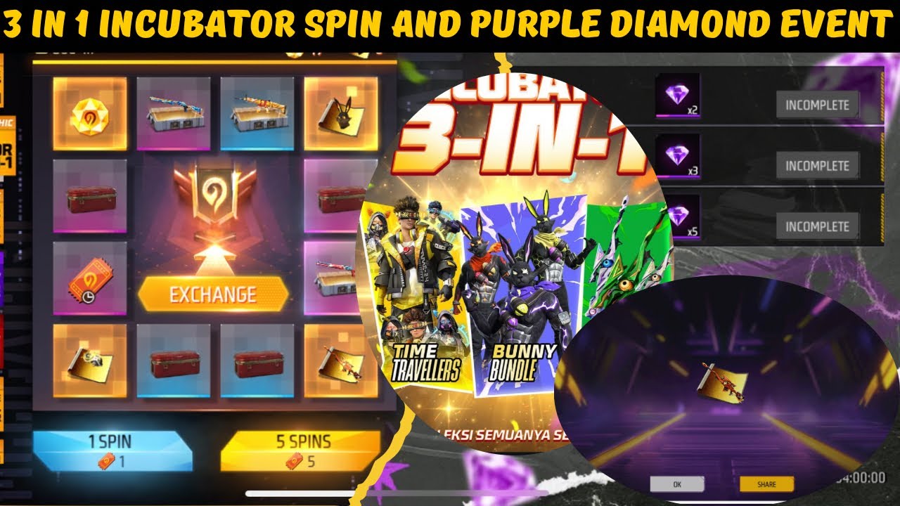 Indonesia server 3 in 1 incubator spin & purple diamond event | ff indonesia server new event today