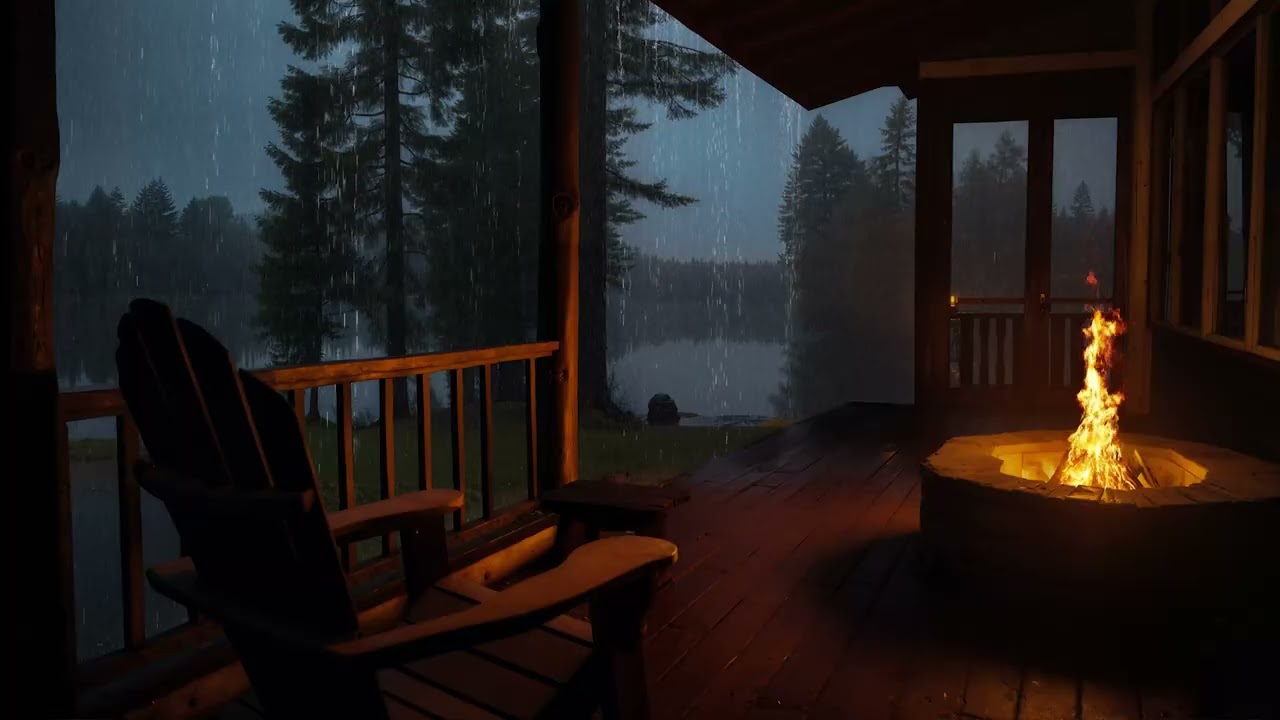 Gentle Rain Sounds for Deep Sleep | Cozy Cabin Porch and Fireplace Sounds for Peaceful Night