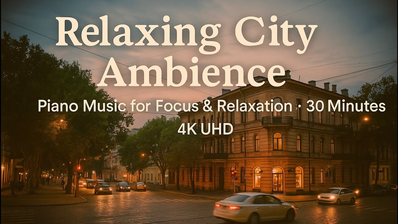 Relaxing City Street View with Calming Piano Music – 30 Min 4K Video for Relaxation & Focus