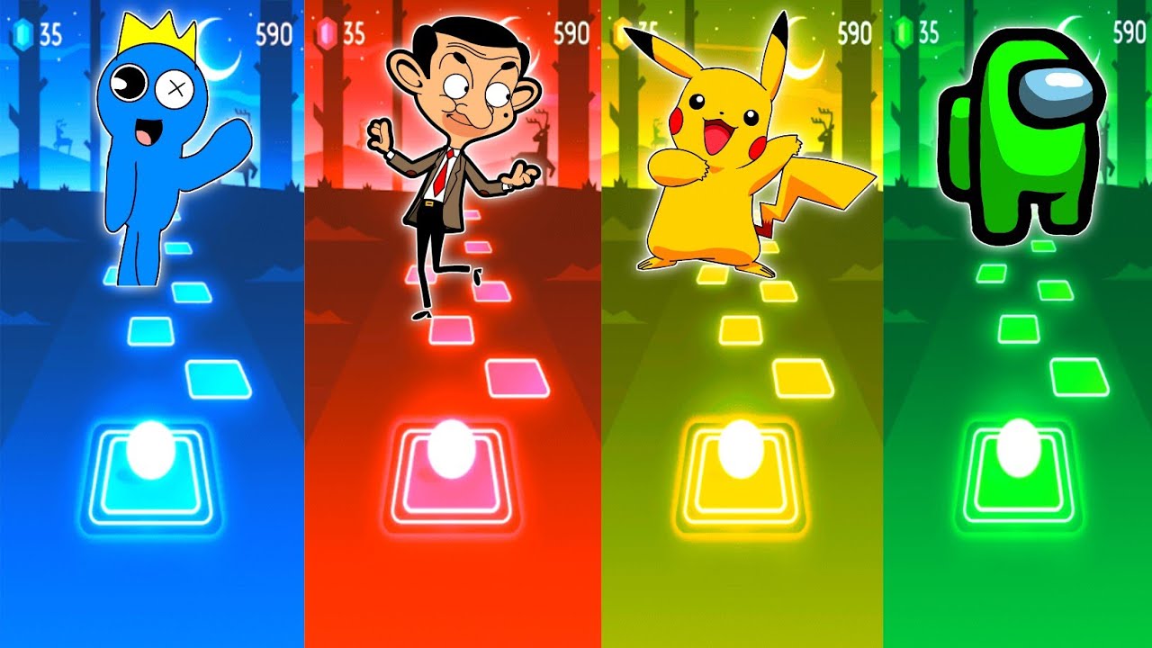 Rainbow Friends vs Mr Bean vs Pikachu vs Among Us - Tiles Hop EDM Rush