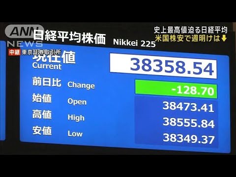 1989年の史上最高値迫る　日経平均株価は反落スタート　米国株安で(2024年2月19日)