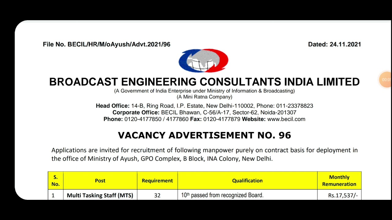 BECIL Supervisor/MTS/Mali/Housekeeping Staff Recruitment. Contractual Position/ Salary - 15000+