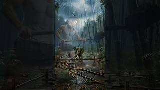 Building a Tiny Jungle Shelter During a Rainstorm (No Tools Survival)