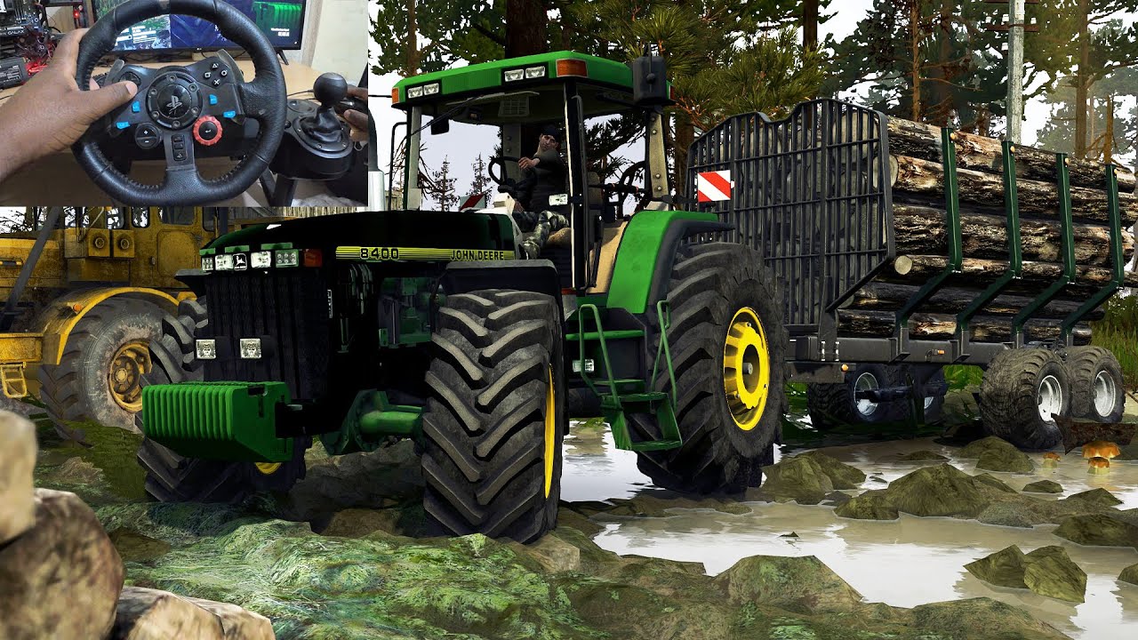 John Deere Tractor Transports Forest Logs in MudRunner 4K60 Logitech G29 and Shifter