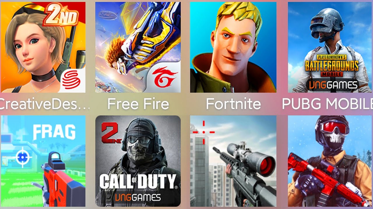 PUBG MOBLIE,Free Fire,Fortnite,Call Of Duty,Creative Destruction,Sniper 3D,Modern Ops Gun,FRAG Pro..