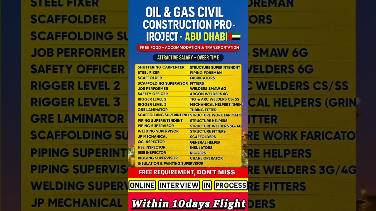 💼 Dubai Me Free Visa + Free Food | 1500+ Salary | Apply Now | ADNOC Project