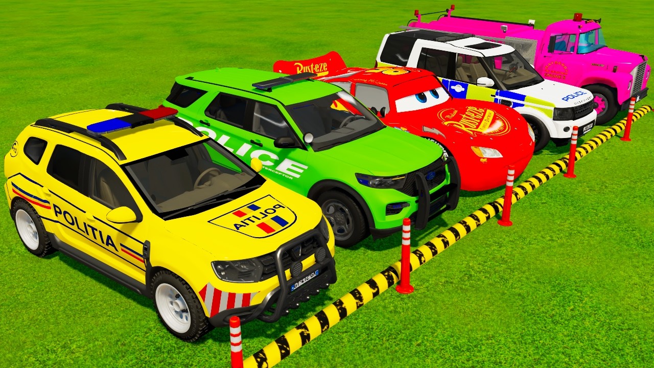 TRANSPORTING POLICE DUSTER FORD MCQUEEN LAND ROVER FIRE TUCK ON MAN TRUCKS